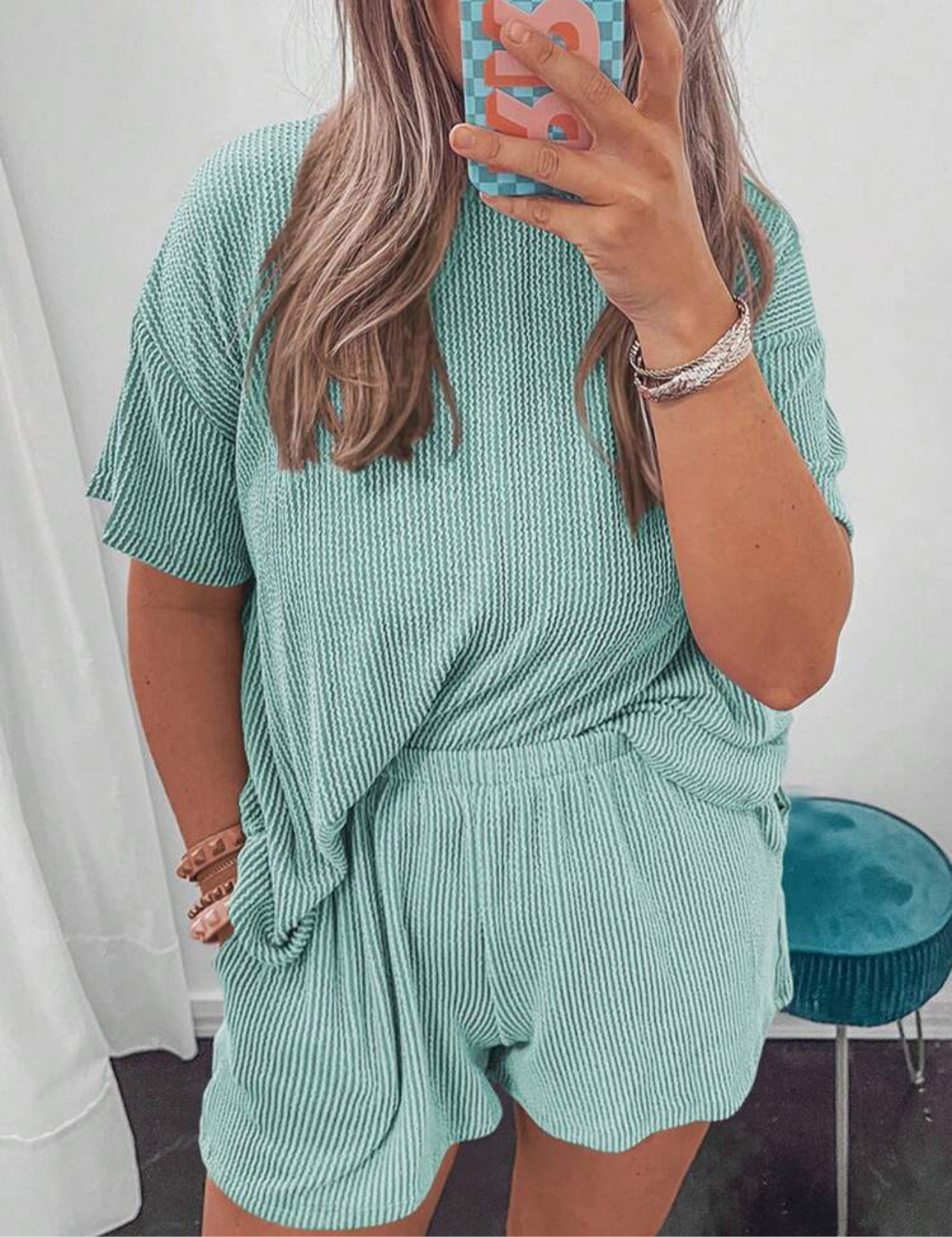 Mint Blue Ribbed Short Set