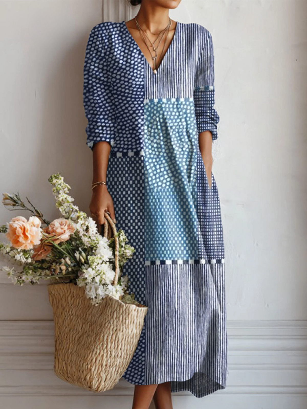 Women's Vintage Abstract Geometry Art Print Linen Pocket Dress