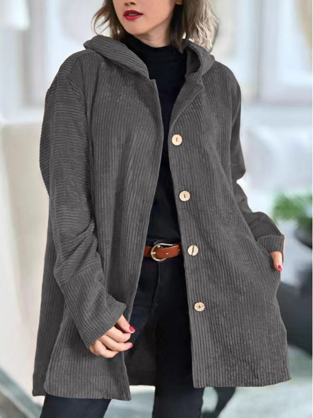 Cordia | Women's Oversized Corduroy Hooded Jacket with Buttons