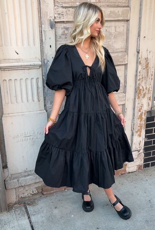 BLACK TIERED MIDI DRESS W/ TIES