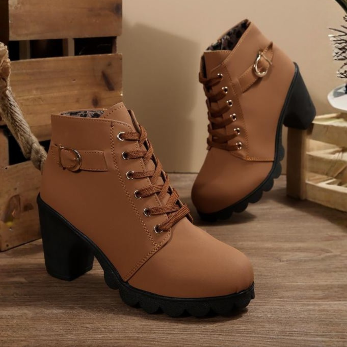 Katni | Chic Lace-Up Metal Buckle Chunky Ankle Boots