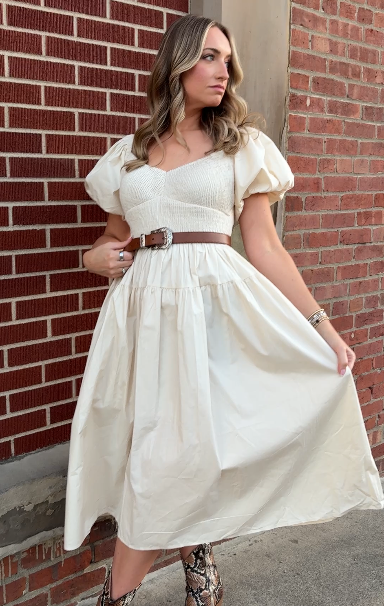 IVORY SMOCKED MIDI DRESS