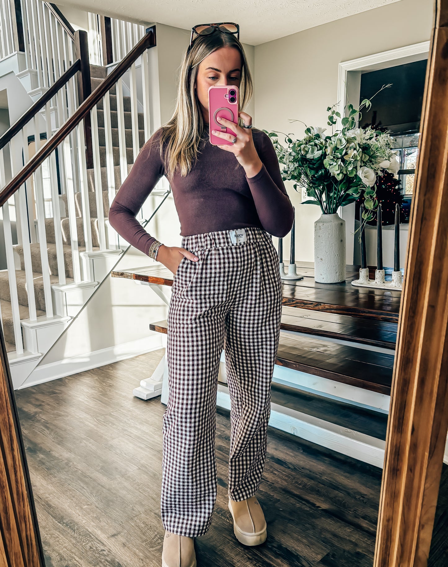 Coffee checkered cotton pants