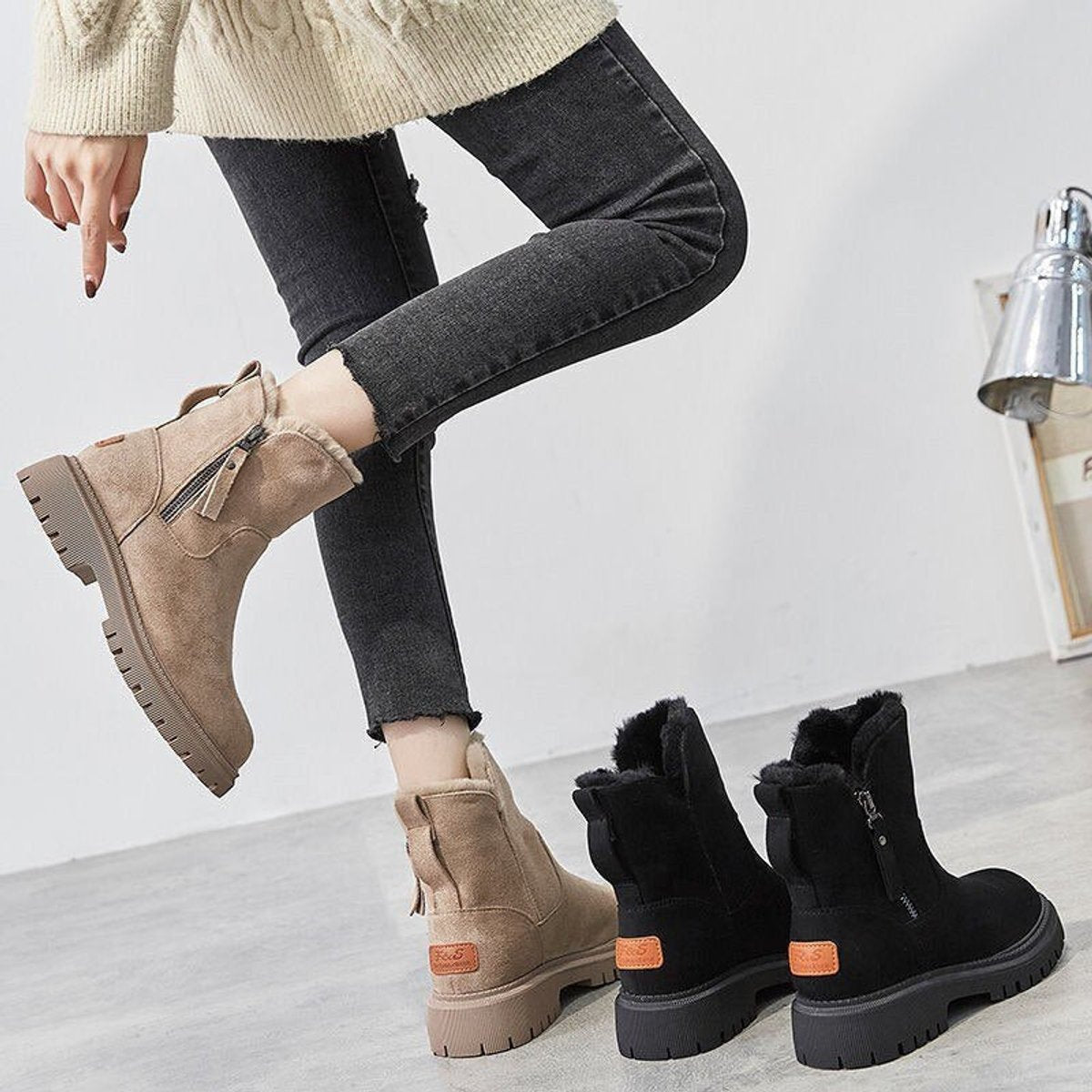Women's Faux Suede Ankle Boots – Fleece-Lined Platform Snow Boot