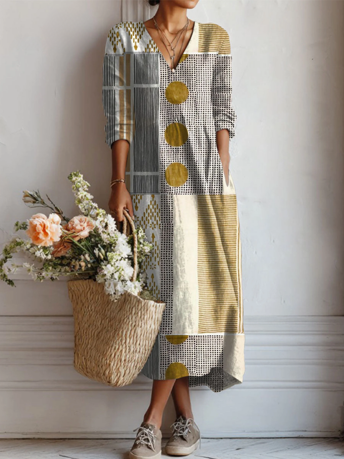 Women's Vintage Abstract Geometry  Art Print Linen Pocket Tunic Dress