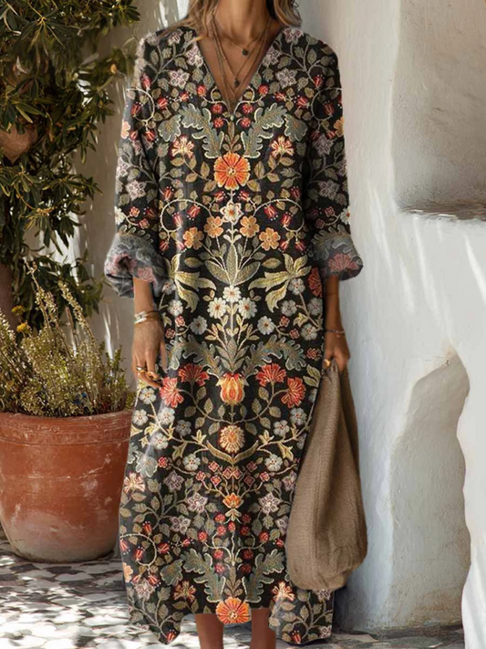 Women's Vintage Floral Pattern Art Print Cotton Dress