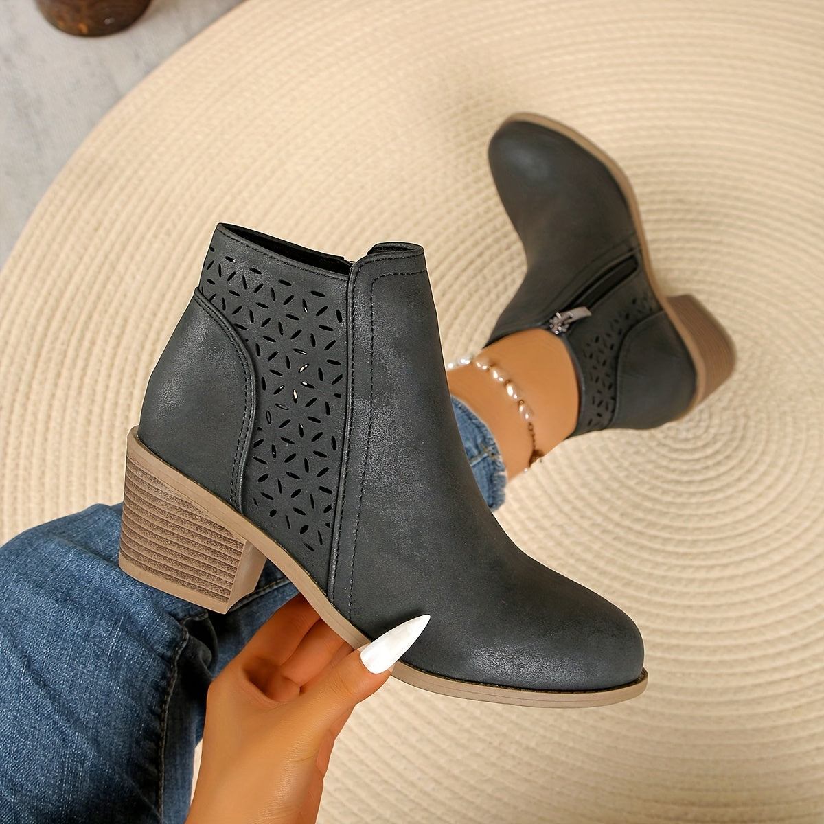 Gina | Women's Cut-Out Ankle Boots with Block Heel