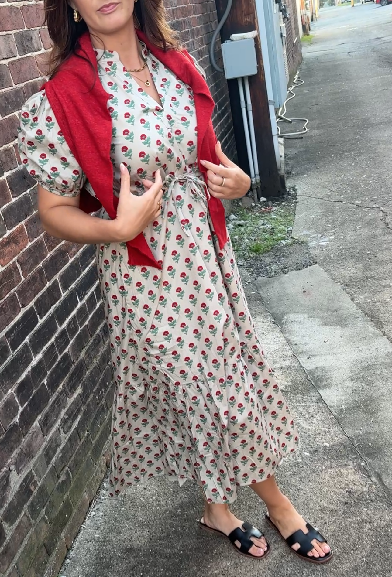 FLORAL MIDI DRESS WITH WAIST TIES