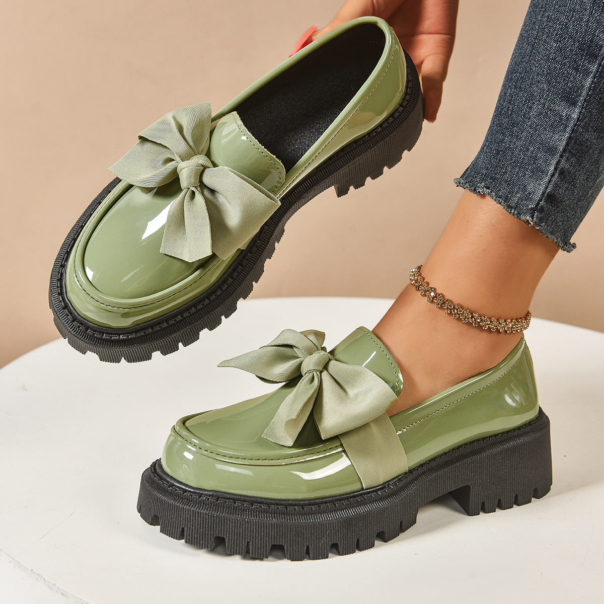 Fuli | Elegant Solid Color Bowknot Slip-On Loafers