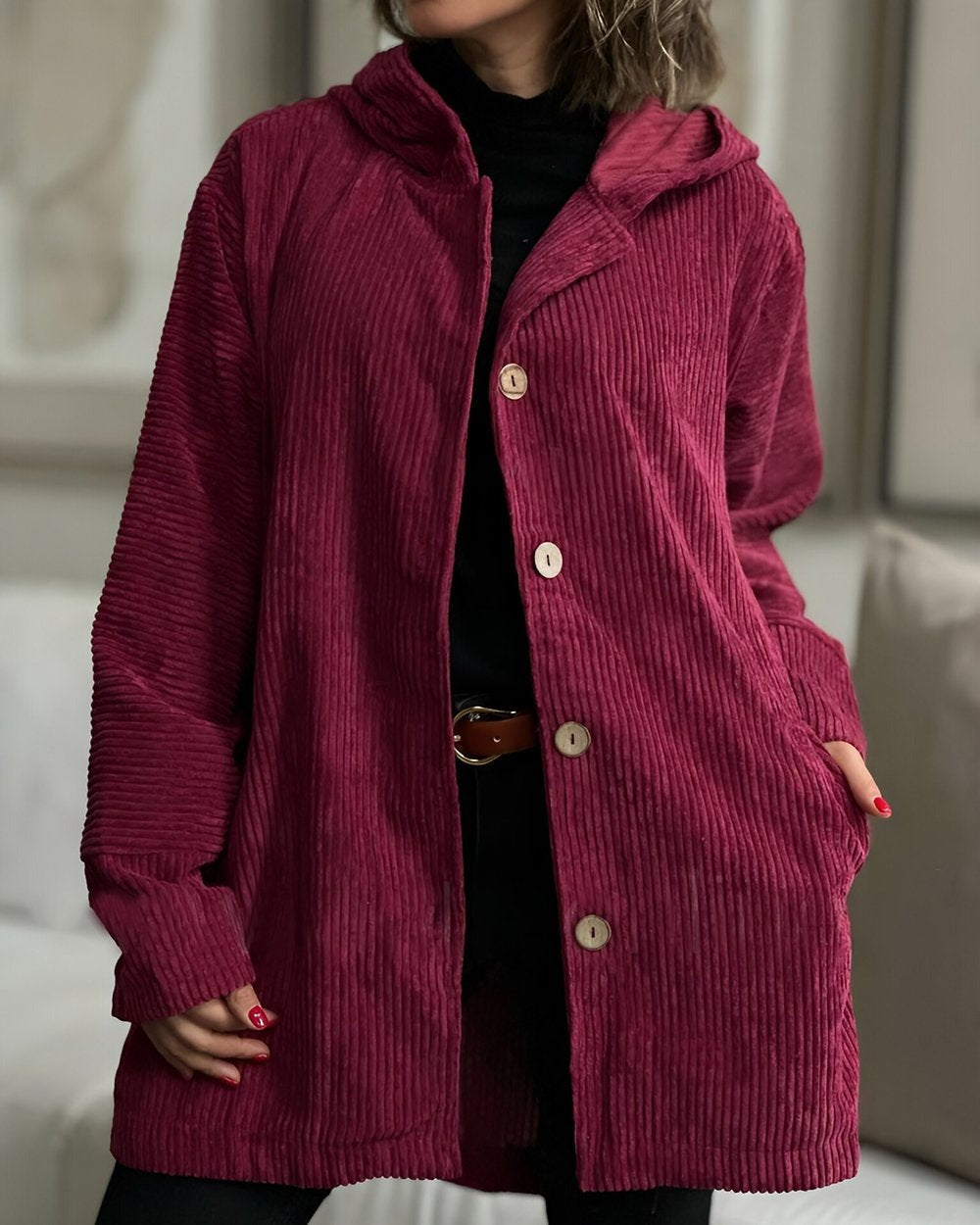 Cordia | Women's Oversized Corduroy Hooded Jacket with Buttons