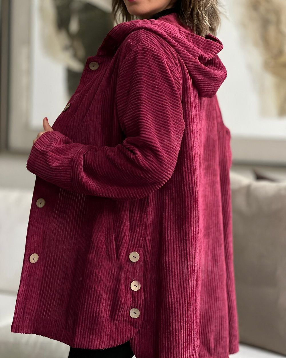 Cordia | Women's Oversized Corduroy Hooded Jacket with Buttons