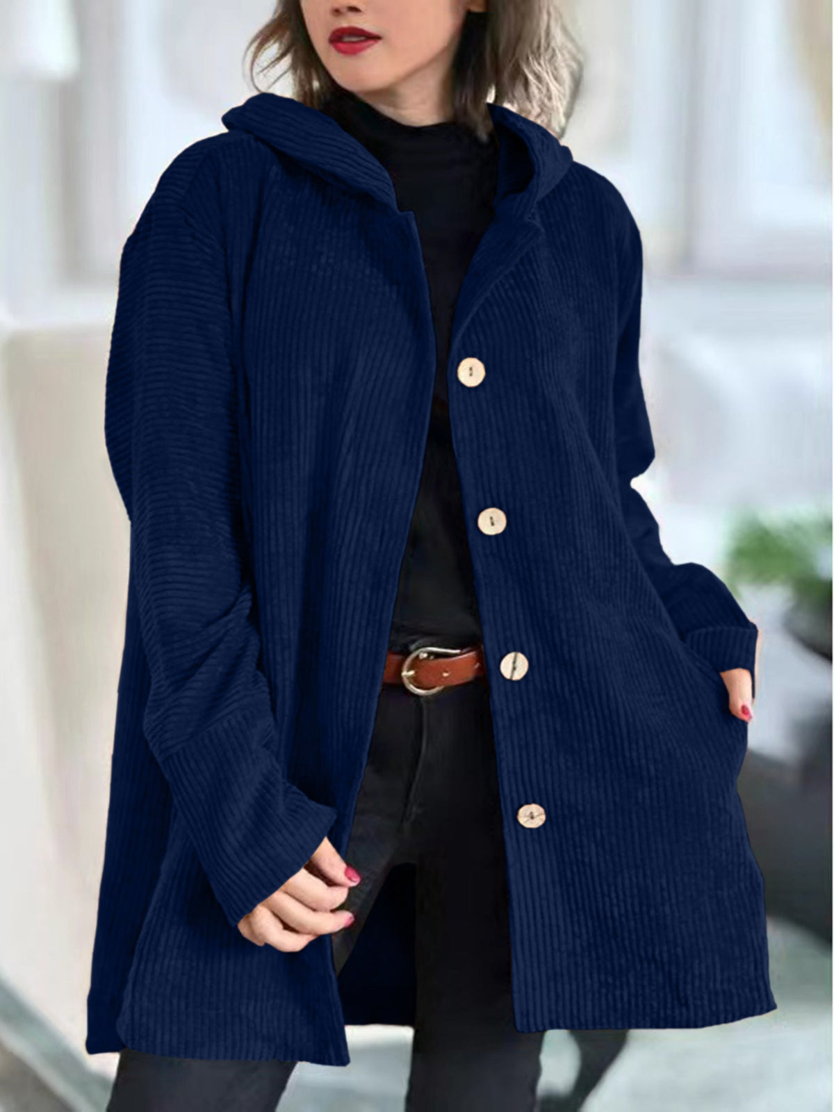 Cordia | Women's Oversized Corduroy Hooded Jacket with Buttons