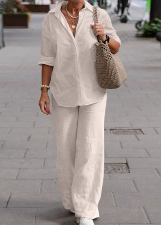 Denice Elegant Casual Two Piece Set | Relaxed Button-Up Top and Wide-Leg Trousers