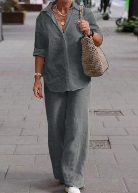 Denice Elegant Casual Two Piece Set | Relaxed Button-Up Top and Wide-Leg Trousers