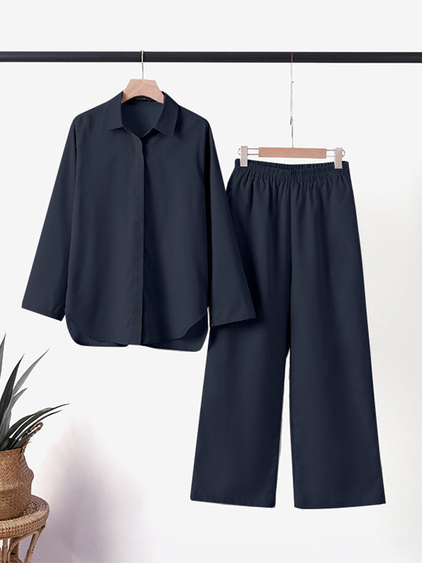Denice Elegant Casual Two Piece Set | Relaxed Button-Up Top and Wide-Leg Trousers