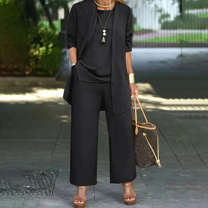 Laney Elegant Casual Three-Piece Set | Coordinated Top, Cardigan & Wide-Leg Trousers