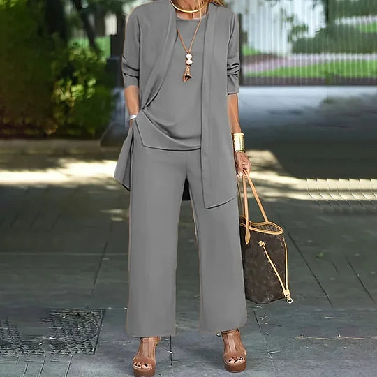 Laney Elegant Casual Three-Piece Set | Coordinated Top, Cardigan & Wide-Leg Trousers