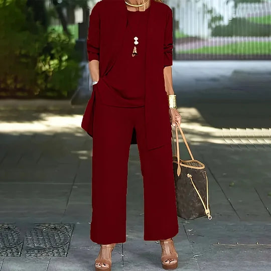 Laney Elegant Casual Three-Piece Set | Coordinated Top, Cardigan & Wide-Leg Trousers