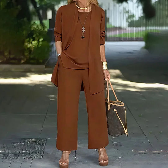 Laney Elegant Casual Three-Piece Set | Coordinated Top, Cardigan & Wide-Leg Trousers