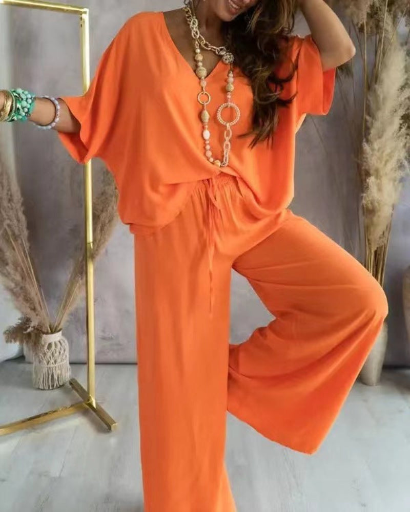 Raja | Comfy Summer V-Neck and Wide-Leg Co-Ord