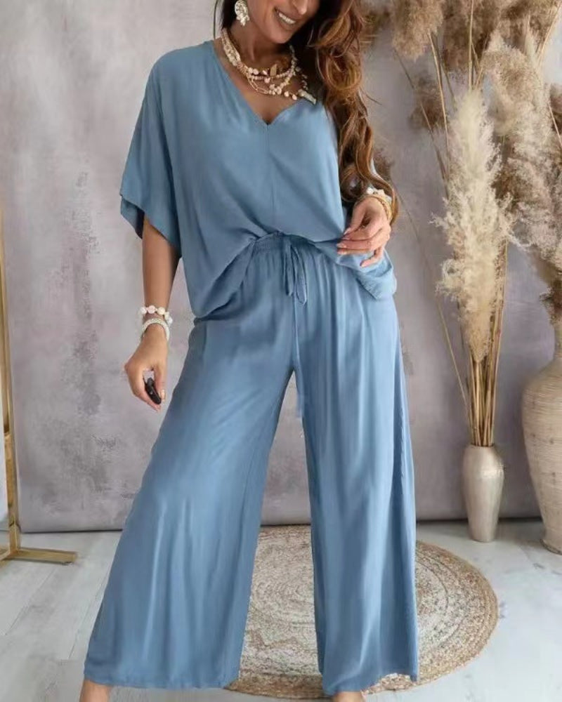 Raja | Comfy Summer V-Neck and Wide-Leg Co-Ord
