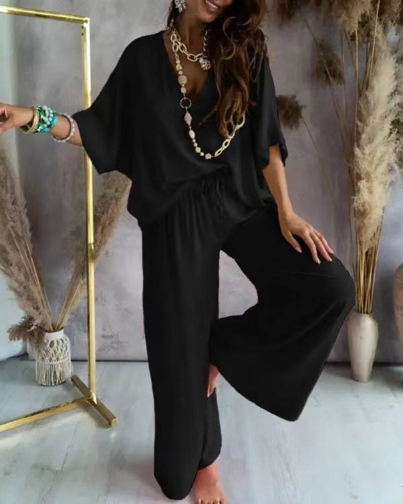 Raja | Comfy Summer V-Neck and Wide-Leg Co-Ord